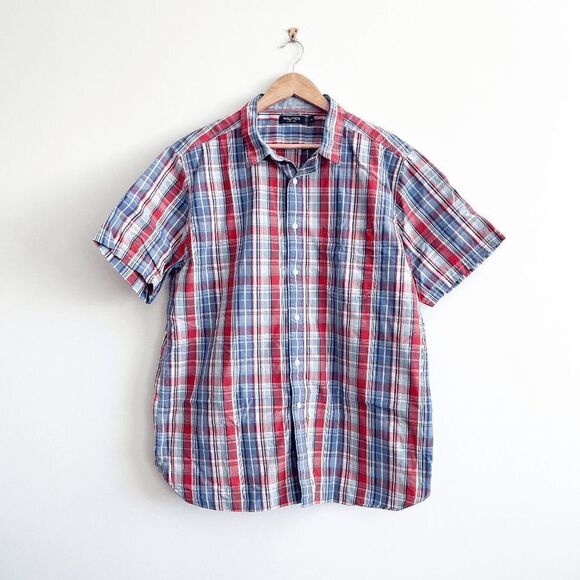 Nautica Mens Collared Shirt Button Down Short Sleeve Plaid Red Blue XL - Picture 1 of 7